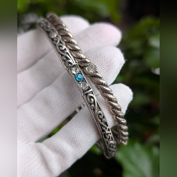 Silver-Tone Stretch Bracelet Set | Rhinestone & Rope Design - Picture 1 of 8